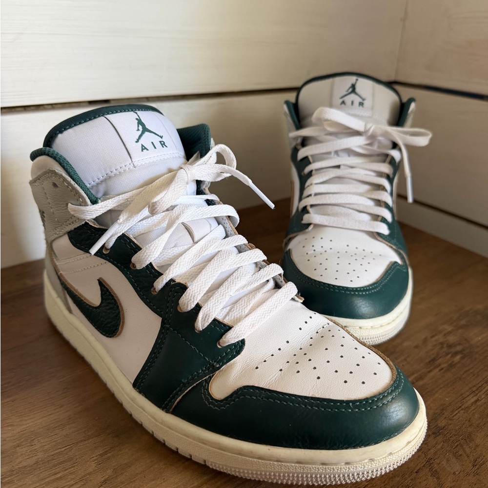 Nike White and Dark Green Air Jordan 1 Mid Sneakers